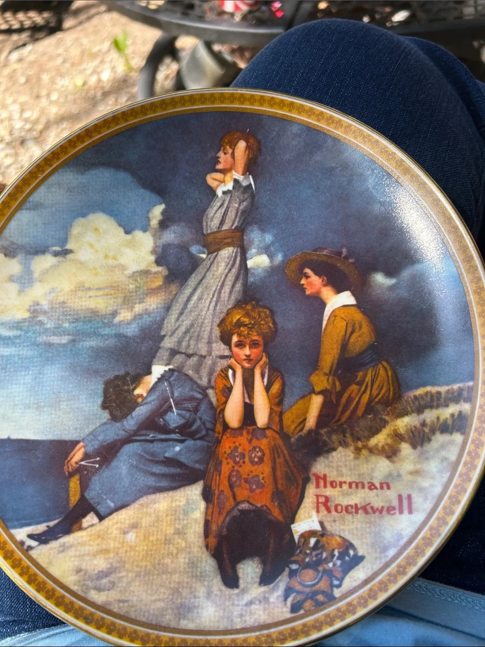 Norman Rockwell Round Decorative Plate in Blue, Gold, Brown and Cream